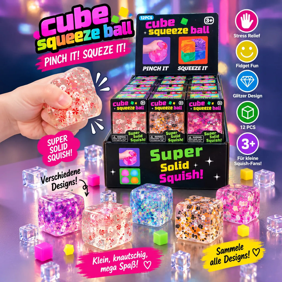 Nice Cube Weihnachten – Glitzer-Squishy – 1 Stück – Sortimentsabbildung; Lieferumfang 1 Stück