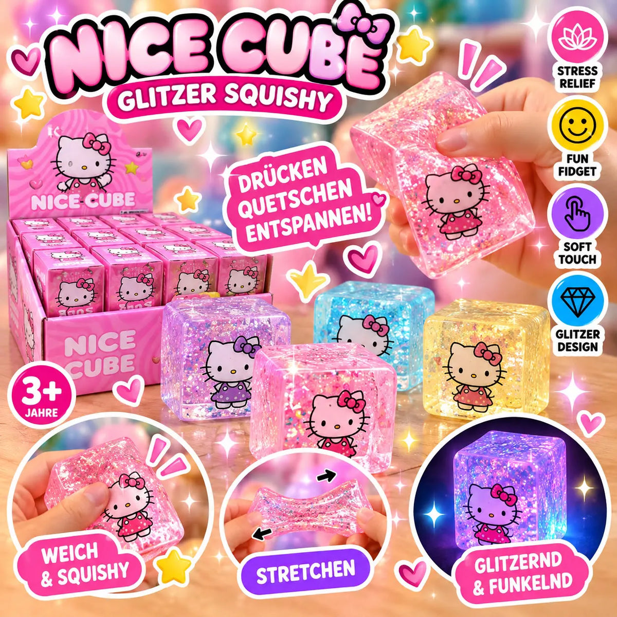Kitty Cat Cube – Katzen-Squishy mit Glitzer – 1 Stück – Sortimentsabbildung; Lieferumfang 1 Stück