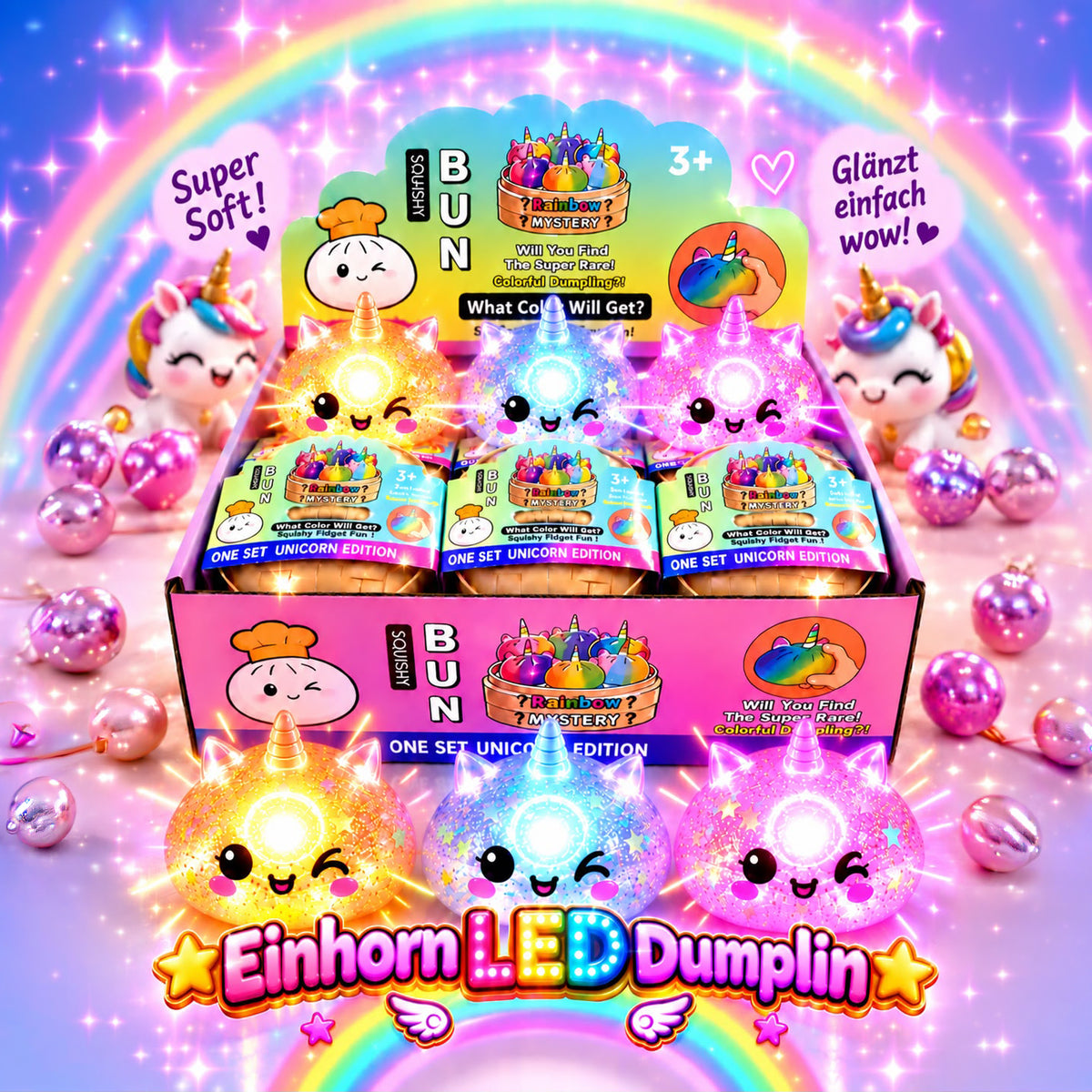 Einhorn Dumpling Squishy mit LED und Glitzer – 1 Stück – Sortimentsabbildung; Lieferumfang 1 Stück